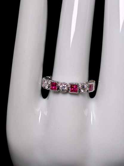 Vintage Alternating Genuine Red Ruby and Simulated Diamond Sterling Silver Band Ring