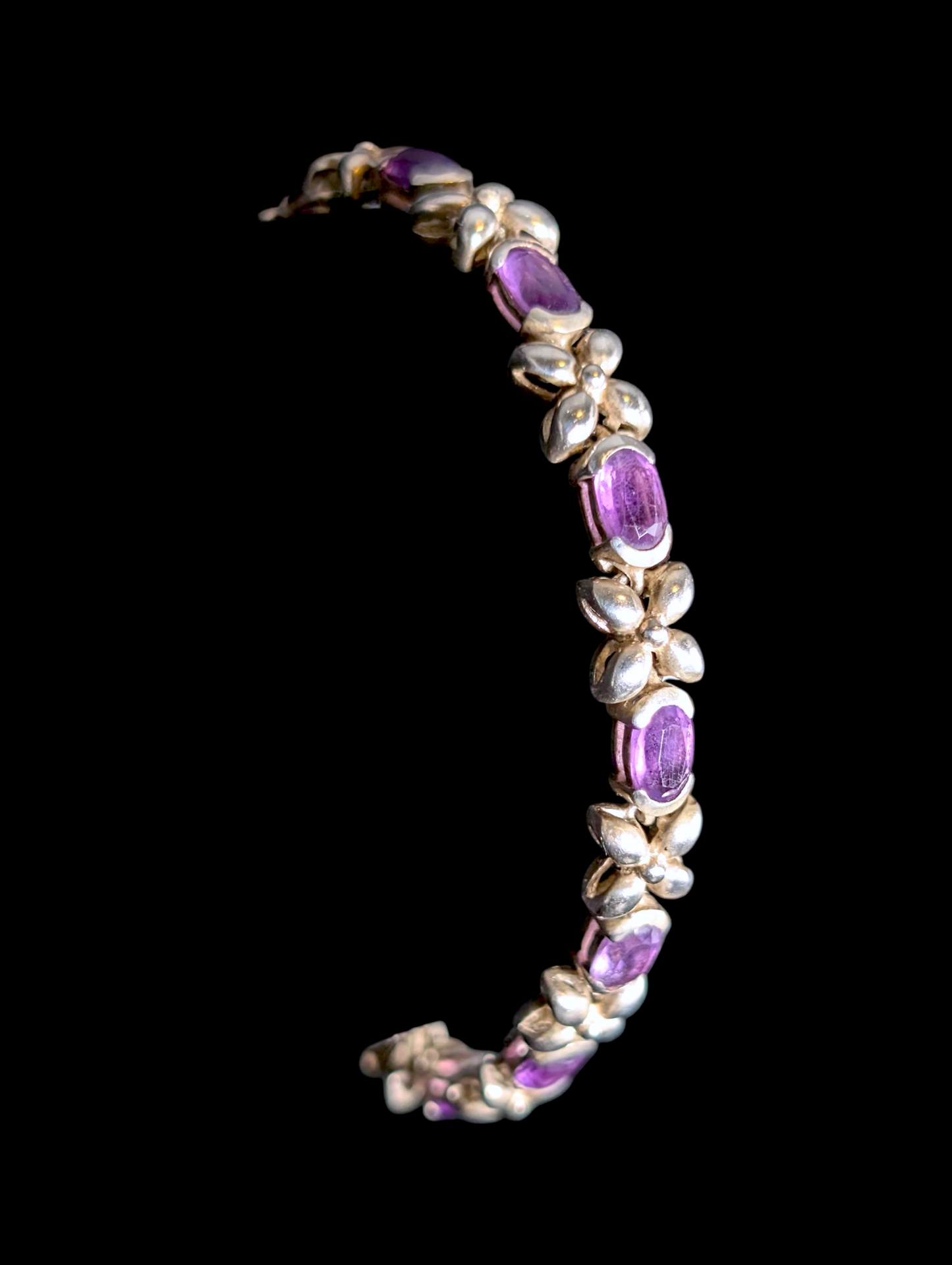 Vintage Oval Cut Genuine Amethyst Sterling Silver Butterfly Tennis Bracelet