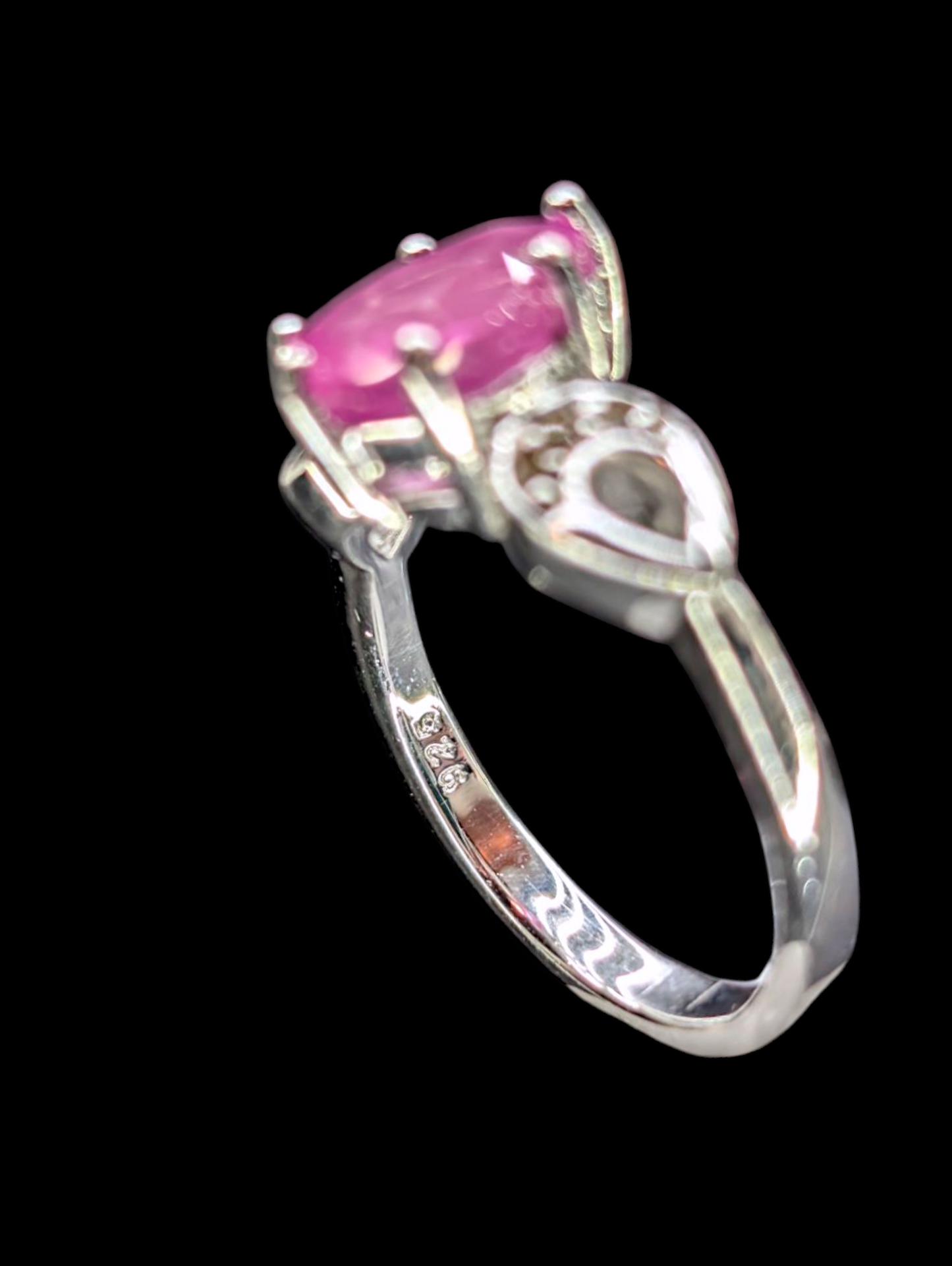 Vintage Pear Cut Faceted Genuine Pink Sapphire and White Topaz Sterling Silver Ring