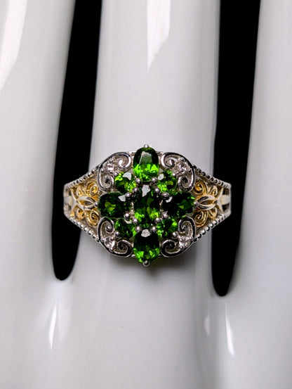 Vintage Genuine Chrome Diopside and White Topaz Sterling Silver and Gold Filigree Ring