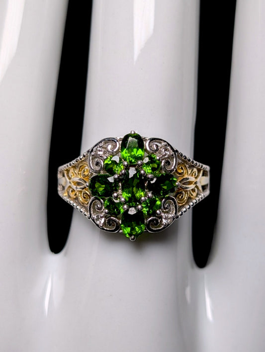 Vintage Genuine Chrome Diopside and White Topaz Sterling Silver and Gold Filigree Ring