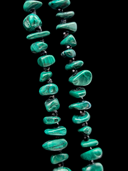 Vintage Genuine Malachite and Black Onyx Gemstone Extra Long Sterling Silver Necklace