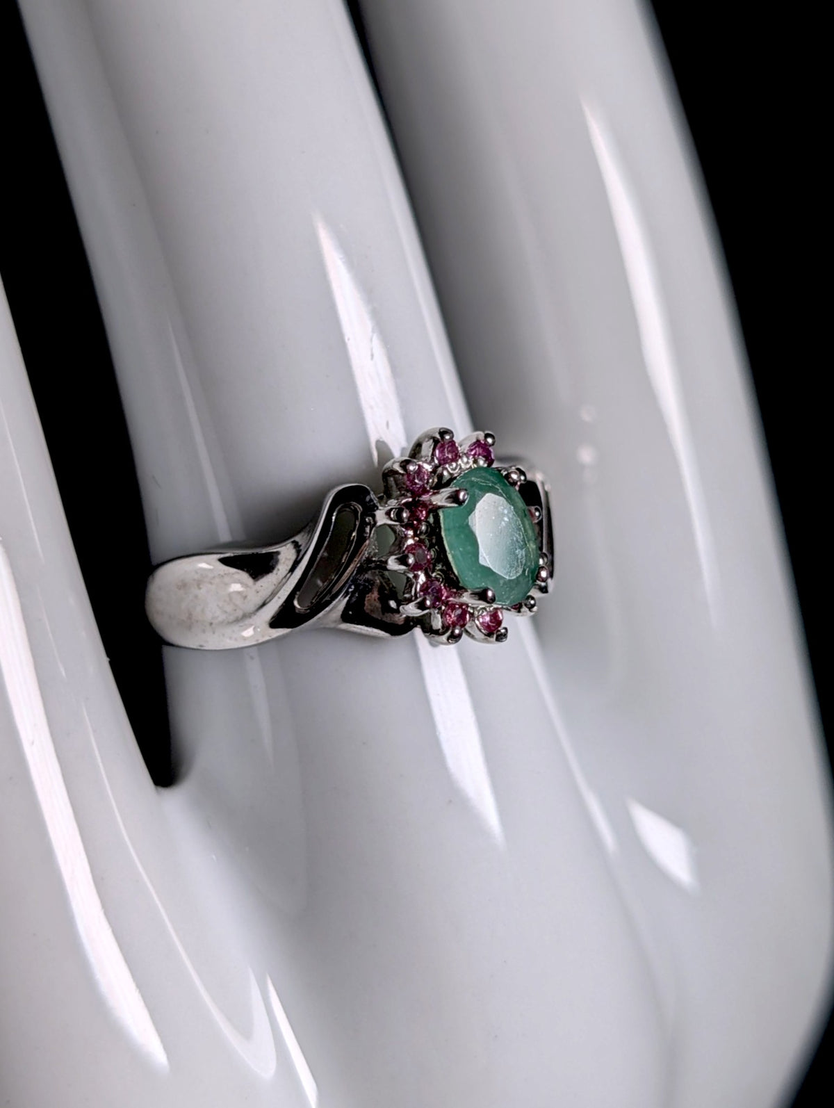 Vintage Genuine Emerald Solitaire with Pink Tourmaline Starburst Halo Sterling Silver Ring