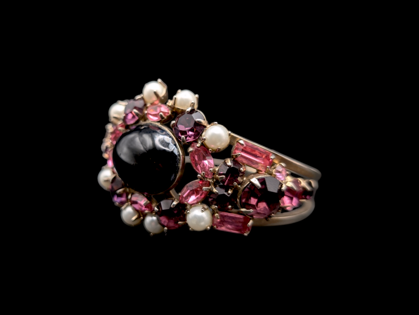 1950s - 1960s Simulated Pink Sapphire, Amethyst, Pearl and Onyx Czech Glass Rhinestone Cluster Hinge Bracelet