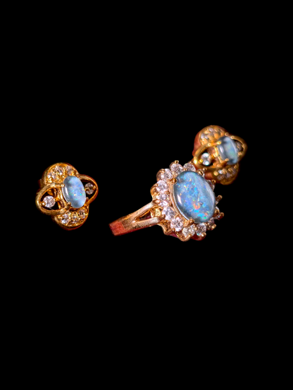 Vintage Lindenwold Cabochon Cut Split Shank Simulated Opal and Simulated Diamond Halo 14k HGE Gold Ring and Matching Earrings Set