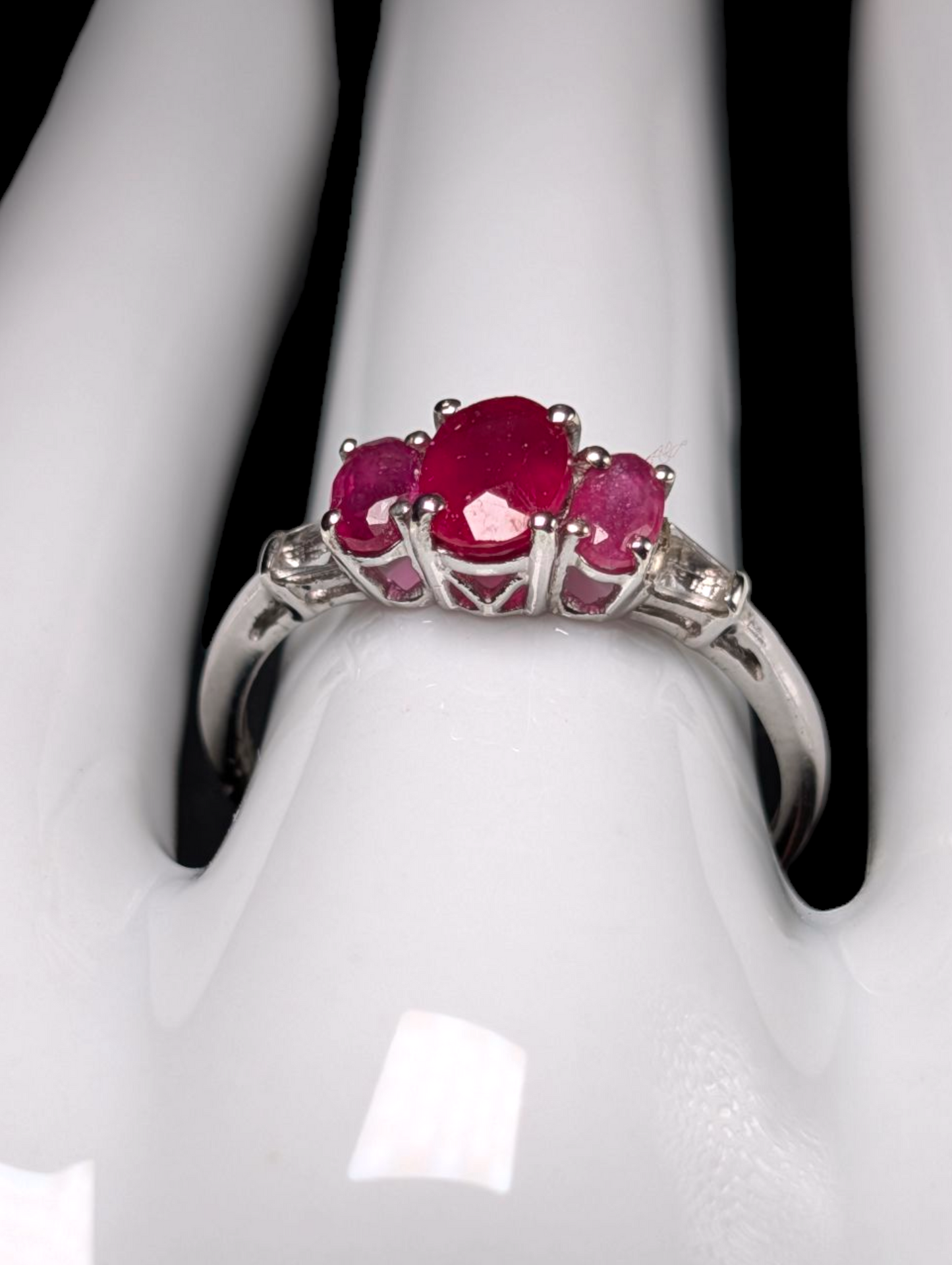 Vintage Three Stone Oval Cut Earth Mined Genuine Ruby, Pink Sapphire and White Topaz Tapered Baguette Accent Stones Sterling Silver Ring