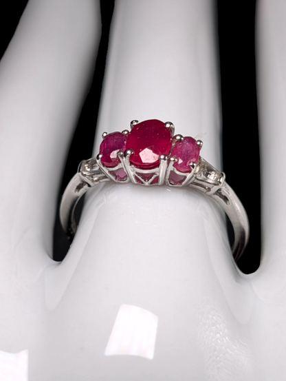 Vintage Three Stone Oval Cut Earth Mined Genuine Ruby, Pink Sapphire and White Topaz Tapered Baguette Accent Stones Sterling Silver Ring