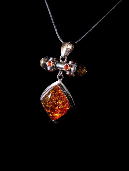 Vintage Artisan Genuine Honey and Baltic Amber Sterling Silver Poland Pendant with Necklace