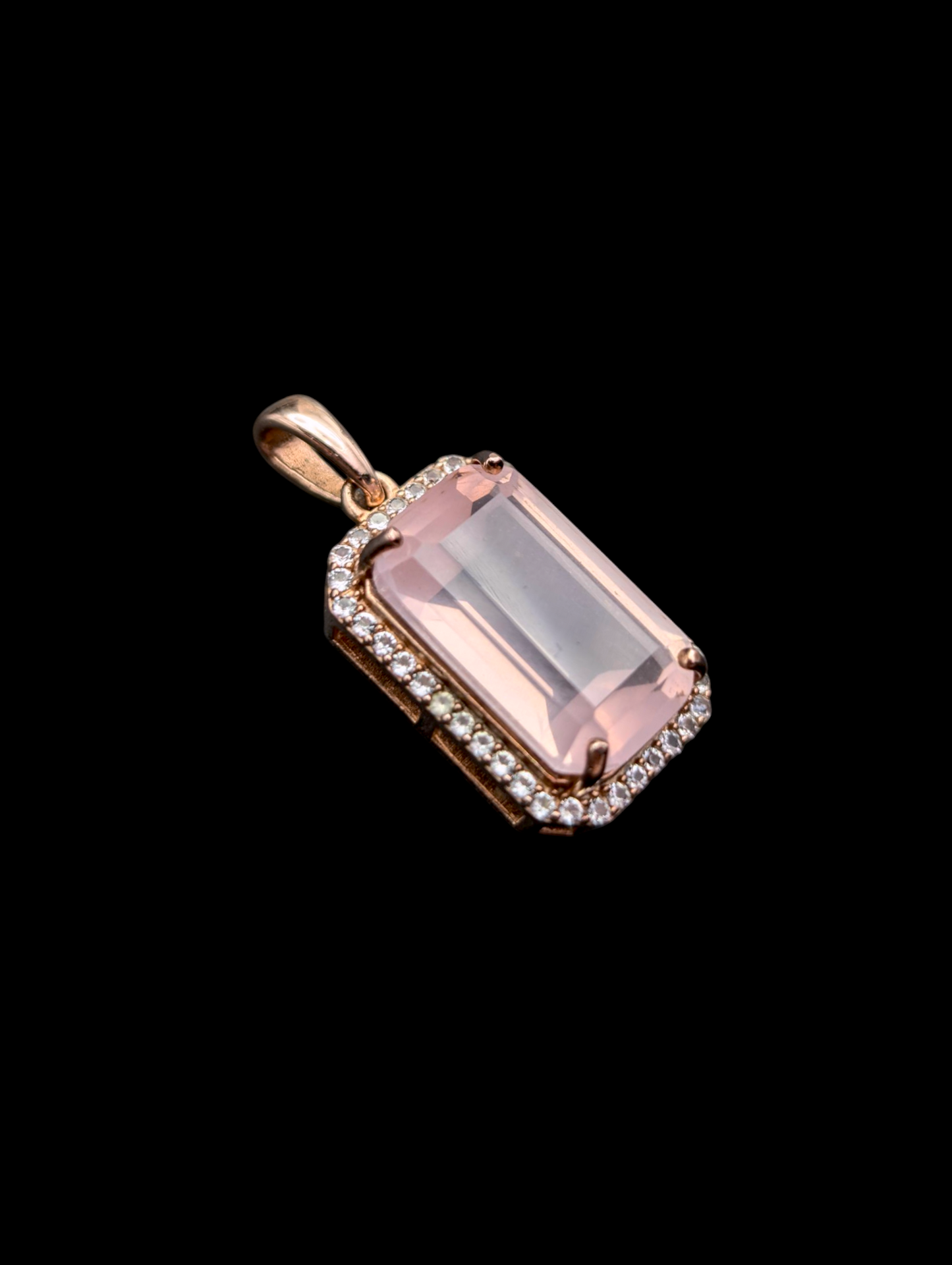Vintage Inspired Emerald Cut Genuine Morganite and Zircon Halo 18k Rose Gold over Sterling Pendant