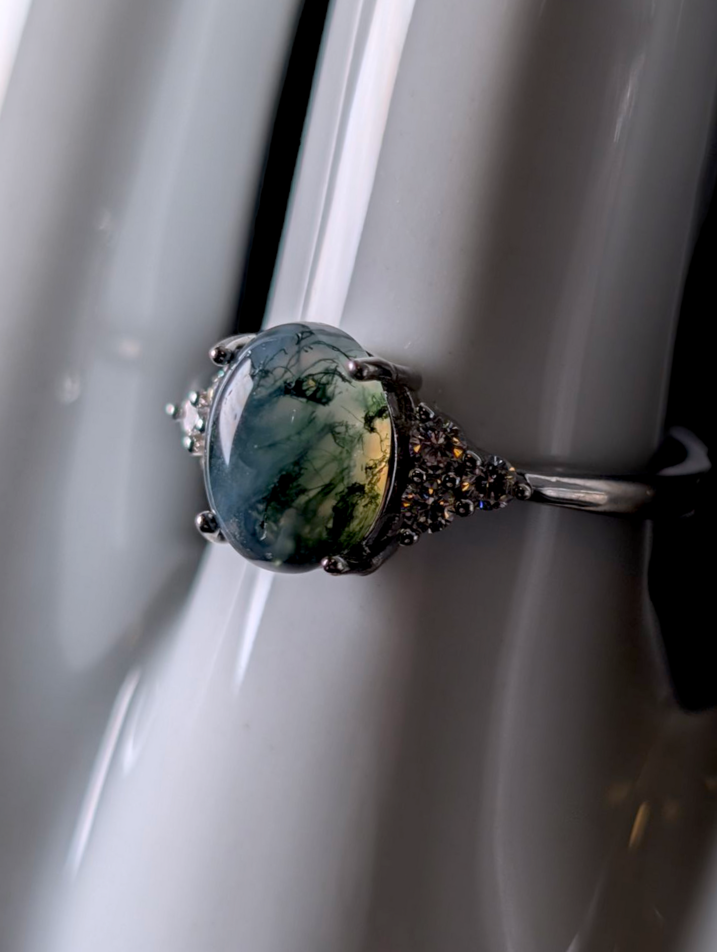 Vintage Earth Mined Genuine Moss Agate Solitaire with Simulated Diamond Accented Sterling Silver Ring