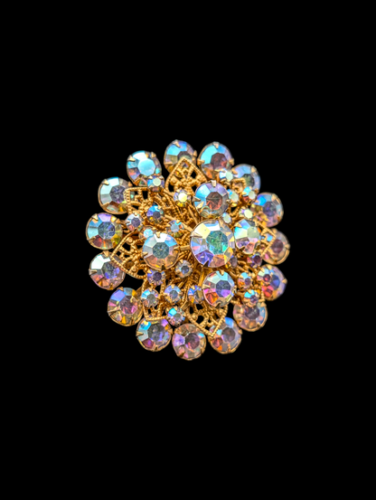 1940s - 1950s Aurora Borealis Jonquils Rhinestone Starburst Brooch Pin with Gold Star Filigree Details