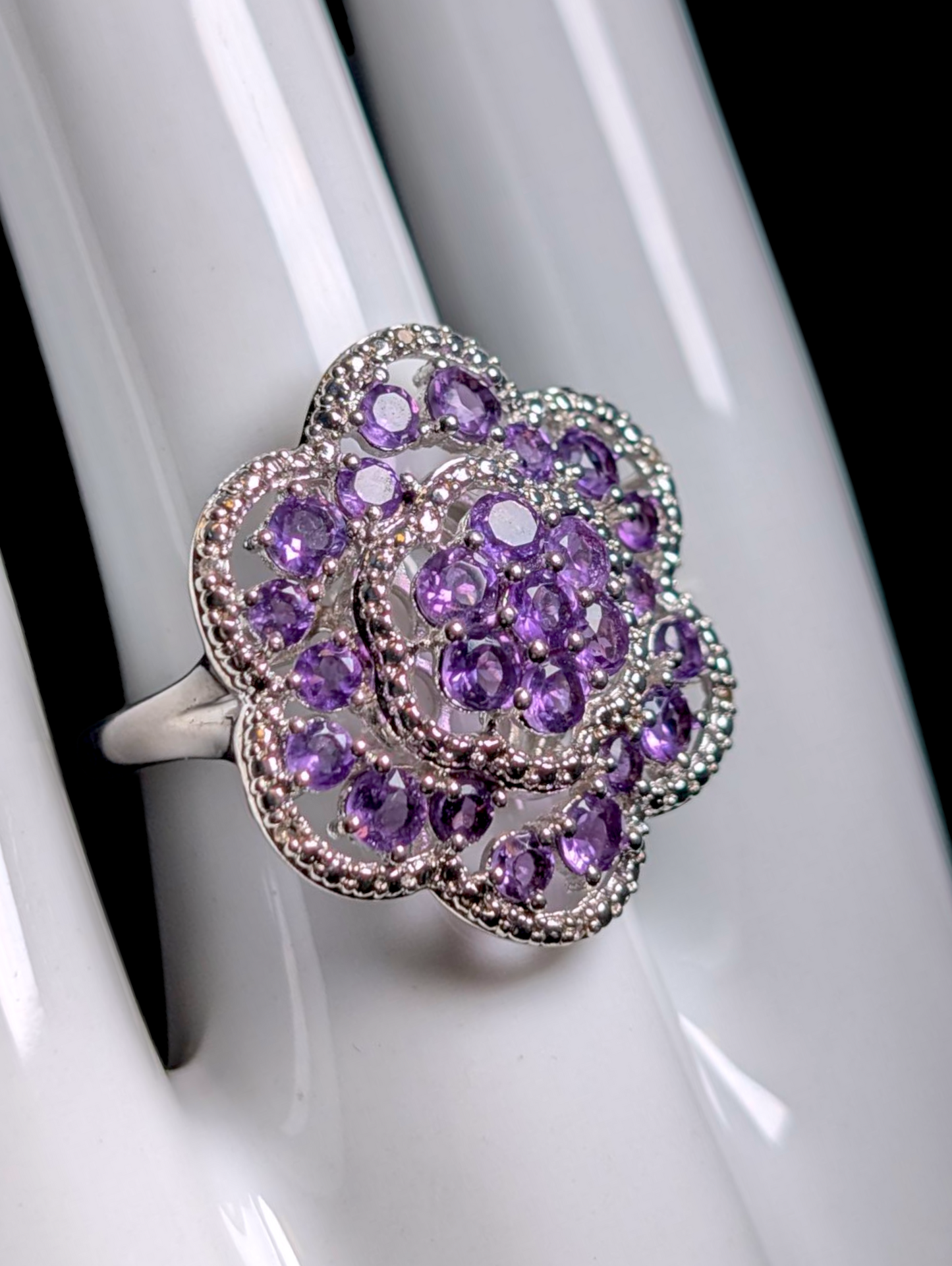 Vintage Flower Cluster Genuine African Amethyst with White Topaz Accent Stones Sterling Silver Ring