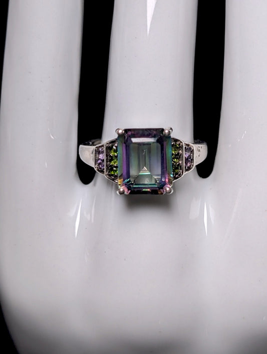 Vintage Emerald Cut Genuine Mystic Topaz, Chrome Diopside, Amethyst Sterling Silver Ring