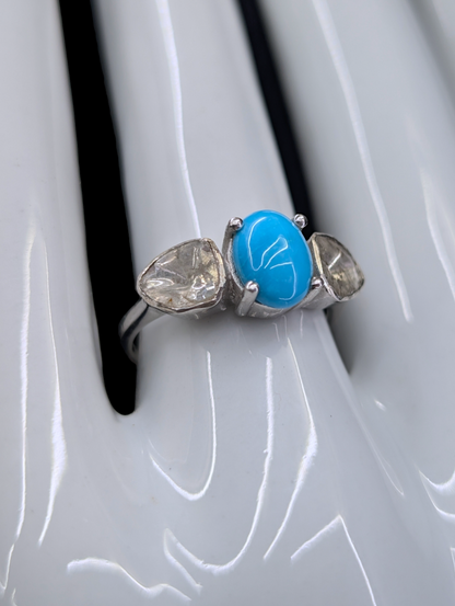 Vintage D'Joy Genuine Earth Mined Diamond and Genuine Sleeping Beauty Turquoise Sterling Silver Ring