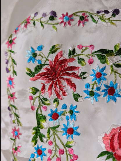 Antique Rare Manton De Manila Embroidered Florals Silk Flamenco Piano Shawl in White with Hand Knotted Macrame Fringe