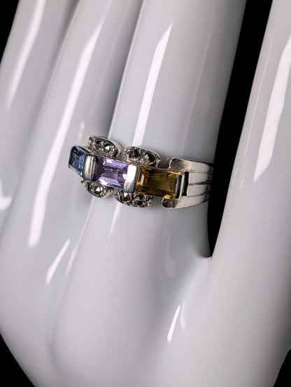 Vintage 3 Stone Genuine Topaz, Amethyst and Citrine Sterling Silver Band Ring