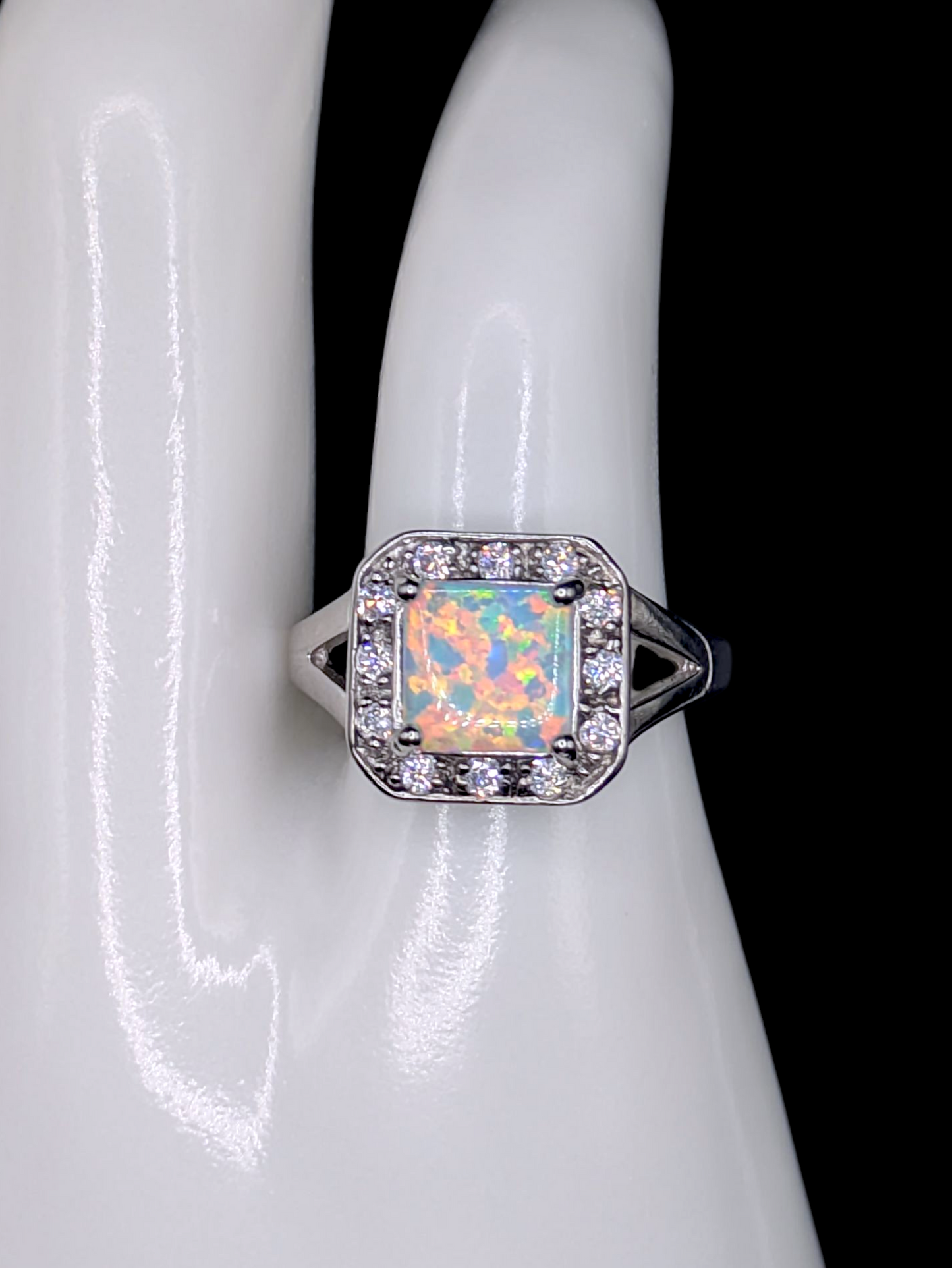 Vintage Square Cabochon Cut Genuine Opal Solitaire with Simulated Diamond Halo Sterling Silver Ring