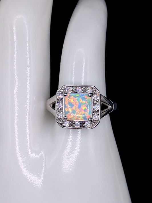 Vintage Square Cabochon Cut Genuine Opal Solitaire with Simulated Diamond Halo Sterling Silver Ring