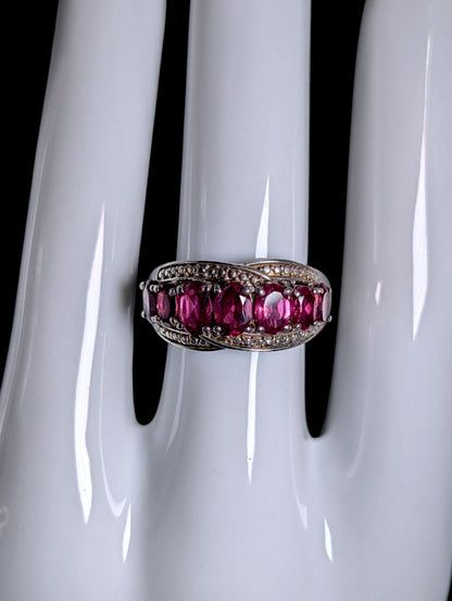 Vintage 7 Stone Genuine Rhodolite Garnet Row Sterling Silver Band Ring