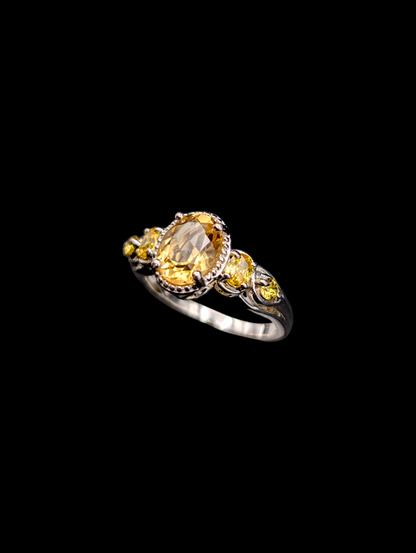 Vintage D'Joy Earth Mined Brazilian Genuine Citrine and Yellow Simulated Diamond Designer Cut Citrine Sterling Silver Ring