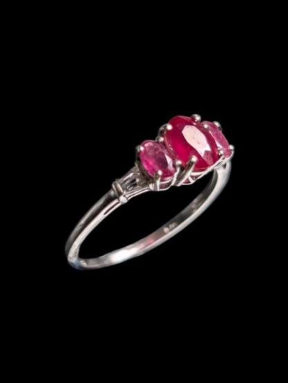Vintage Three Stone Oval Cut Earth Mined Genuine Ruby, Pink Sapphire and White Topaz Tapered Baguette Accent Stones Sterling Silver Ring