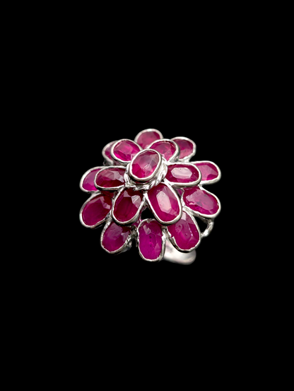 Vintage 11 Carat Bezel Set Earth Mined Genuine Ruby Cluster Ballerina 18k White Gold Plated Statement Ring