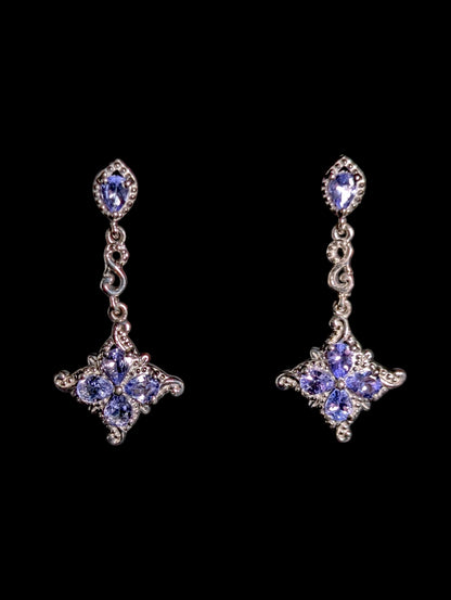 Vintage Genuine Tanzanite Flower Sterling Silver Dangle Statement Earrings