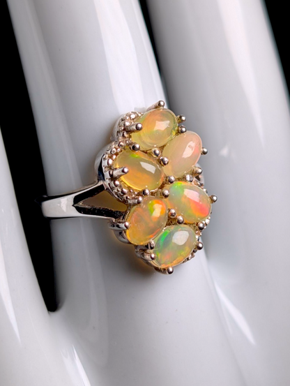 Vintage Cluster Genuine Ethiopian Opal Sterling Silver Statement Ring
