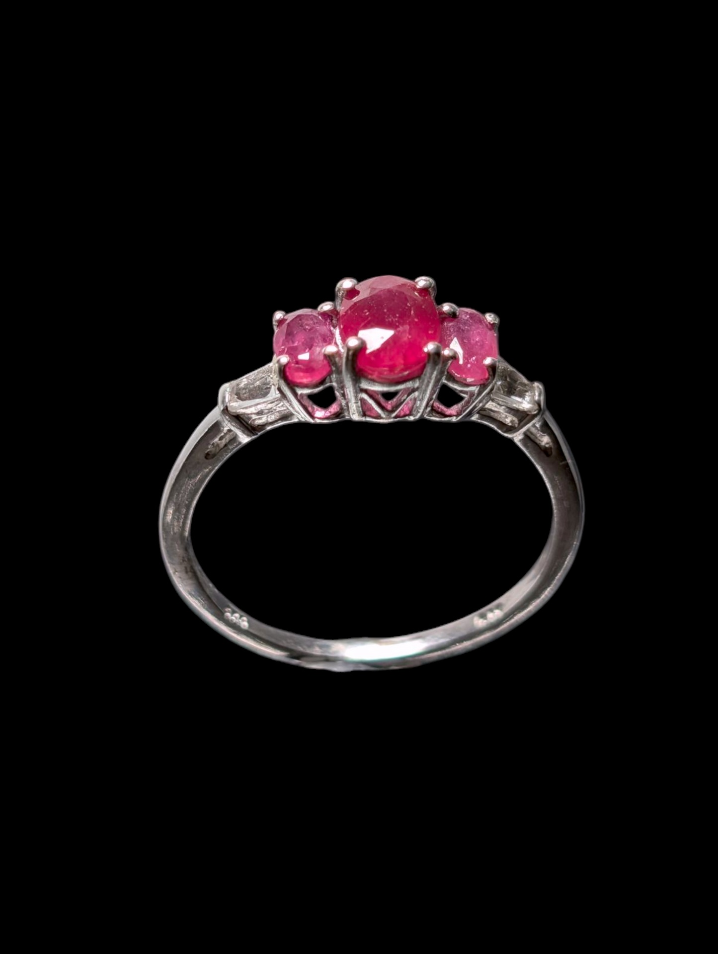 Vintage Three Stone Oval Cut Earth Mined Genuine Ruby, Pink Sapphire and White Topaz Tapered Baguette Accent Stones Sterling Silver Ring