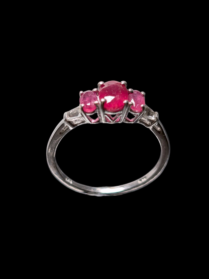 Vintage Three Stone Oval Cut Earth Mined Genuine Ruby, Pink Sapphire and White Topaz Tapered Baguette Accent Stones Sterling Silver Ring