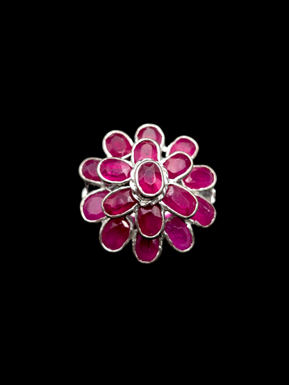 Vintage 11 Carat Bezel Set Earth Mined Genuine Ruby Cluster Ballerina 18k White Gold Plated Statement Ring