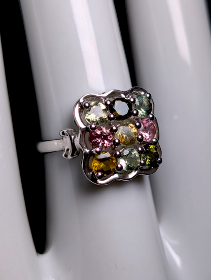 Vintage 3 Row Multi-Colored Genuine Tourmaline Round Cut Sterling Silver Ring