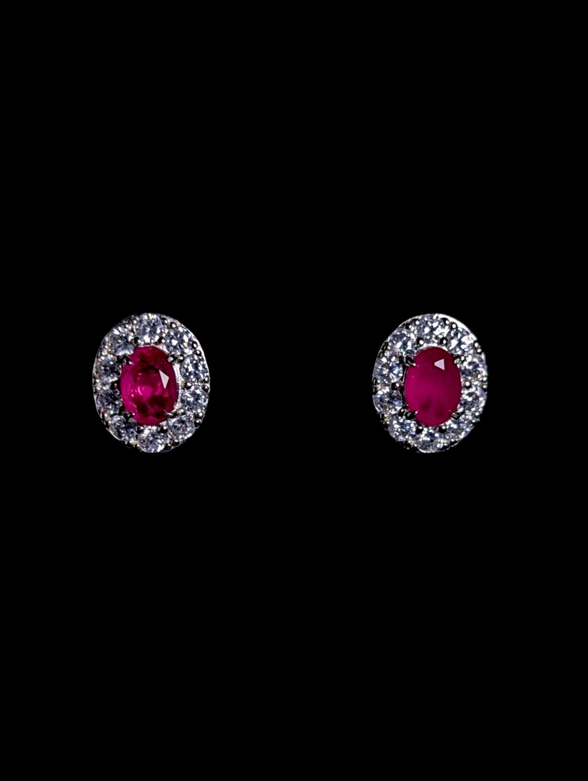 Vintage Simulated Ruby and Diamond Halo Sterling Stud Earrings