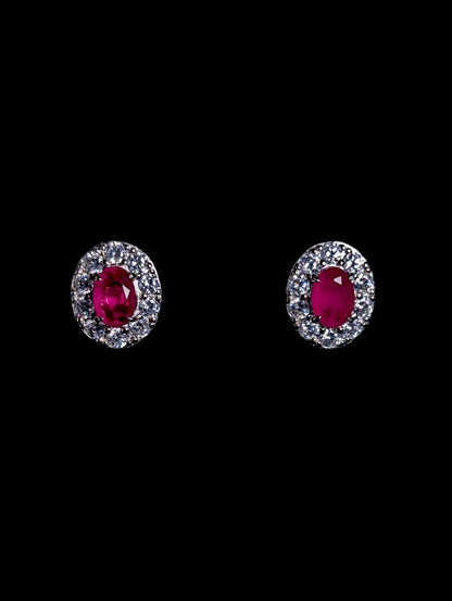 Vintage Simulated Ruby and Diamond Halo Sterling Stud Earrings