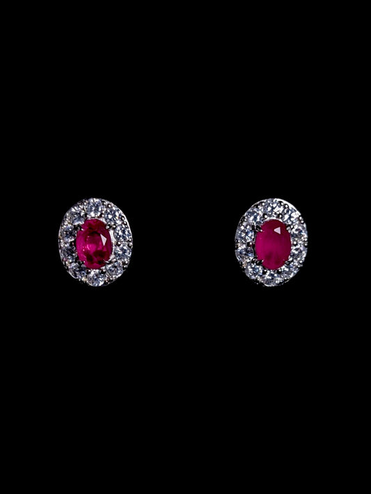 Vintage Simulated Ruby and Diamond Halo Sterling Stud Earrings