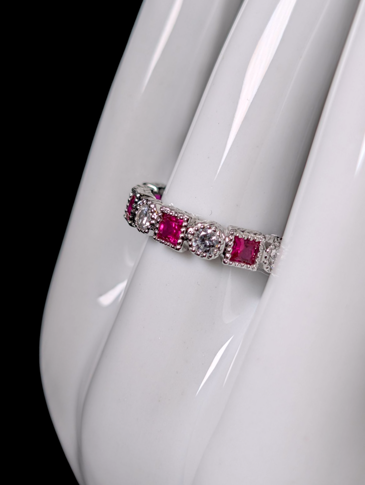 Vintage Alternating Genuine Red Ruby and Simulated Diamond Sterling Silver Band Ring