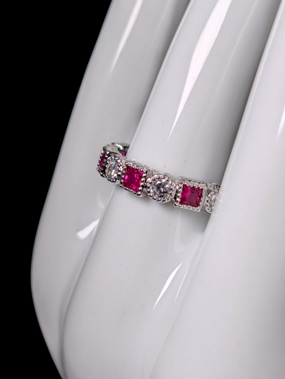 Vintage Alternating Genuine Red Ruby and Simulated Diamond Sterling Silver Band Ring