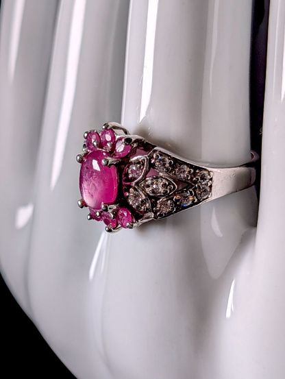 Vintage Inspired Oval Cut Verified Ruby Solitaire and Simulated Diamond Accents Sterling Silver Ring