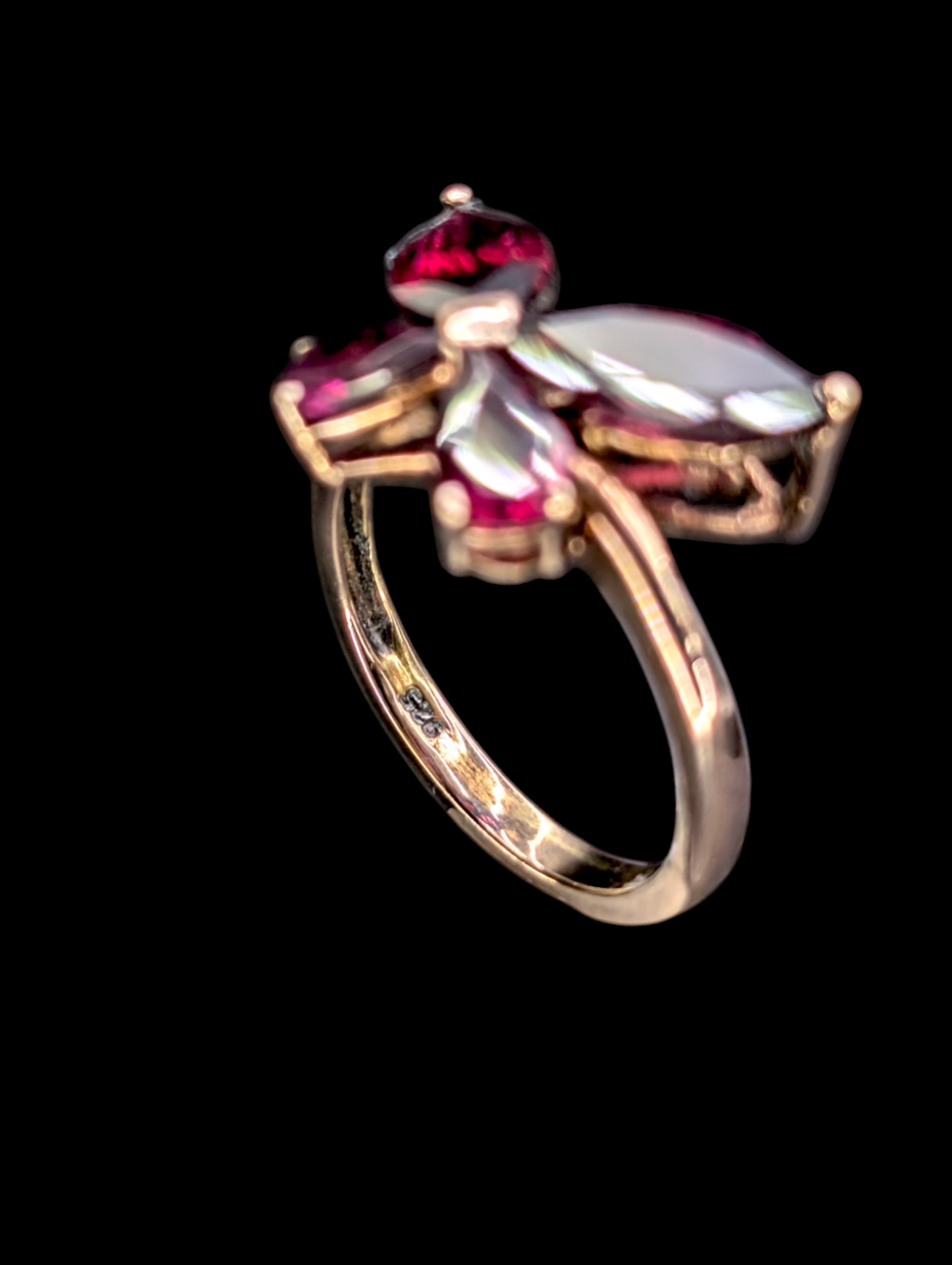 Vintage Butterfly Genuine Rhodolite Garnet Rose Gold Over Sterling Silver Ring