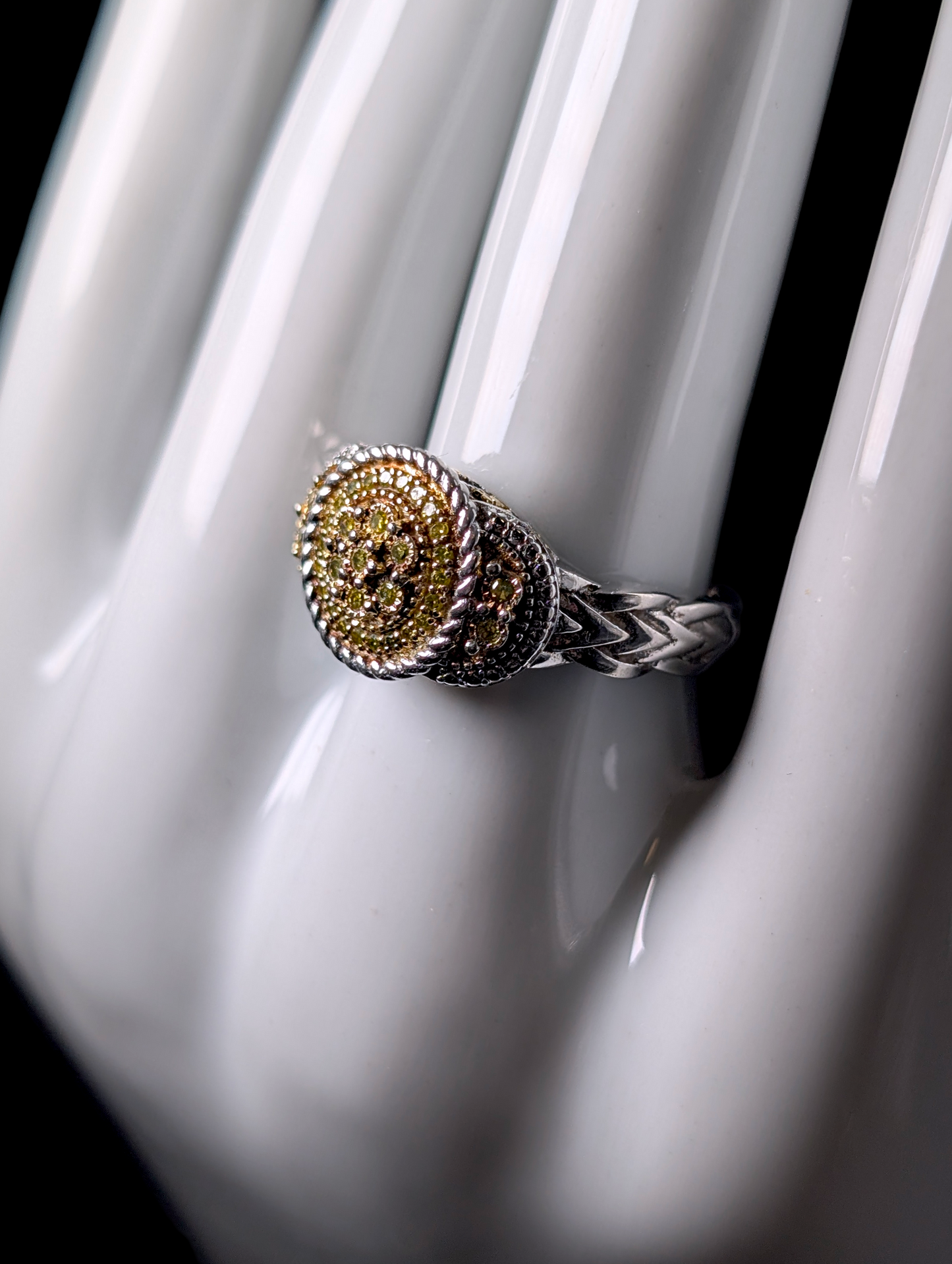 Vintage Three Tiered Genuine Yellow Diamond Braided Rope Halo Sterling Silver Ring