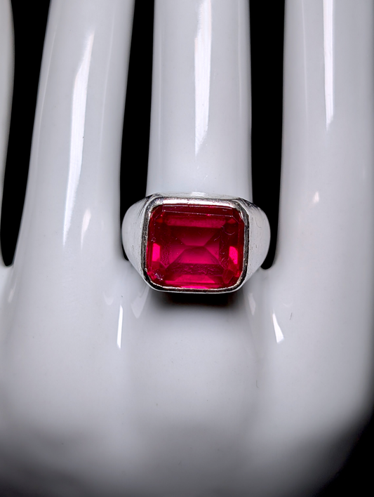 Vintage Bezel Set Large Genuine Ruby Solitaire Taxco Sterling Silver Men's Ring