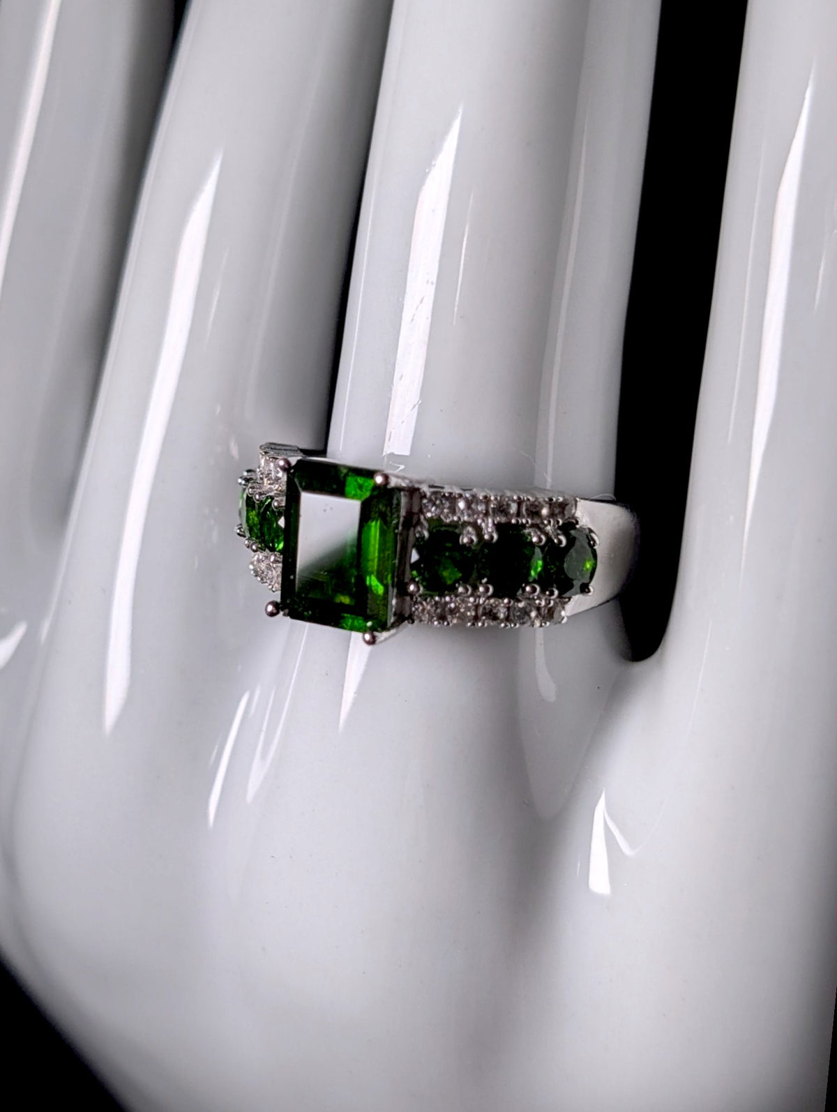 Vintage Emerald Cut Genuine Chrome Diopside Solitaire and White Topaz Sterling Silver Ring