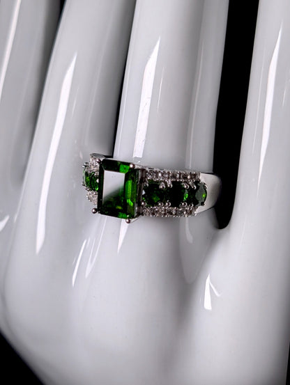 Vintage Emerald Cut Genuine Chrome Diopside Solitaire and White Topaz Sterling Silver Ring