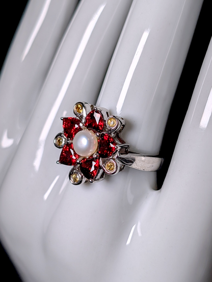 Vintage Flower Motif Verified Garnet, Citrine and Pearl Sterling Silver Ring