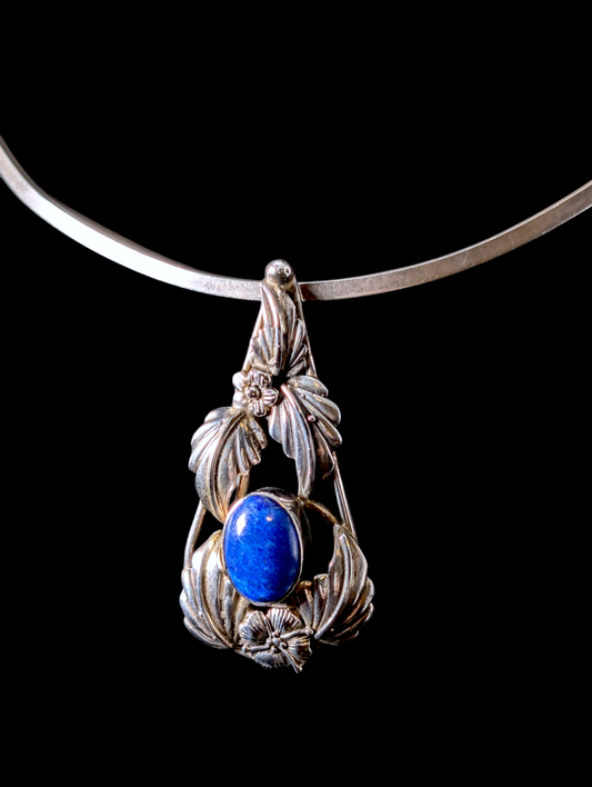 Vintage Art Nouveau Inspired Bezel Set Genuine Lapis and Floral Filigree Sterling Silver Pendant