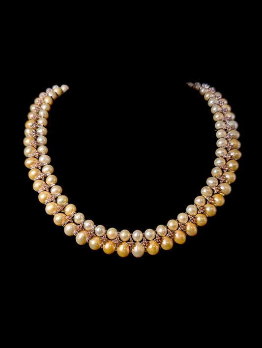 Vintage Stunning Lucas Lameth Designer Genuine Champagne and Golden Pearl with Orange Rhinestones Sterling Silver Necklace