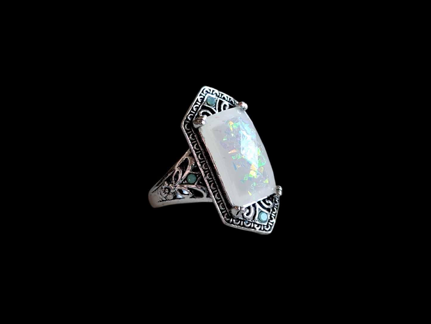 Vintage Art Deco Inspired Simulated Opal and Peridot Silver Pinky Ring