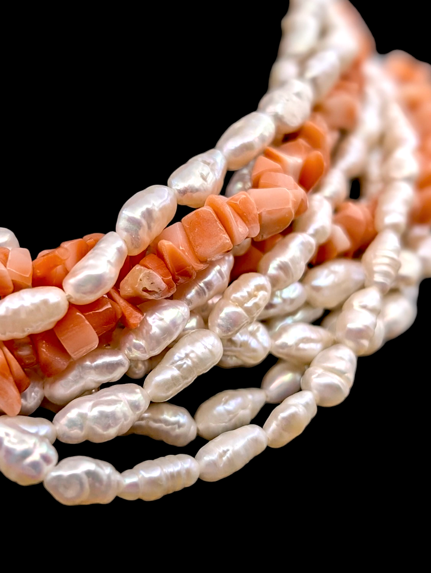 1940s - 1960s 5 Strand Baroque Pearl and Coral Necklace