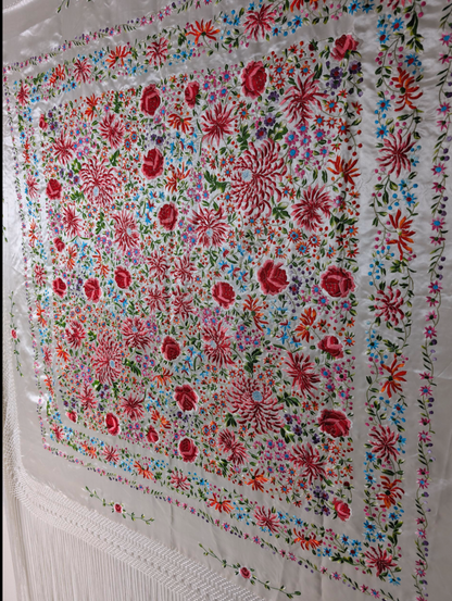 Antique Rare Manton De Manila Embroidered Florals Silk Flamenco Piano Shawl in White with Hand Knotted Macrame Fringe