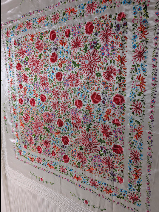 Antique Rare Manton De Manila Embroidered Florals Silk Flamenco Piano Shawl in White with Hand Knotted Macrame Fringe